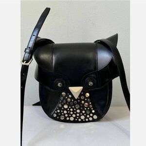 LUANA Italy Minerva Black Leather Studded Tassel Witch Owl Crossbody Purse Bag